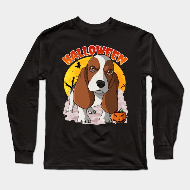 Basset Hound Pumpkin Happy Halloween Long Sleeve T-Shirt by Noseking